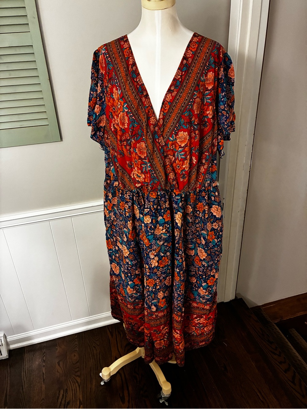 BloomChic Red and Navy and Orange Floral Boho Wrap Maxi Dress